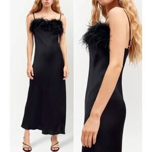 NWT Sleeper Boheme Feather-Trim Sleeveless Midi Slip Dress Black Women's Size L